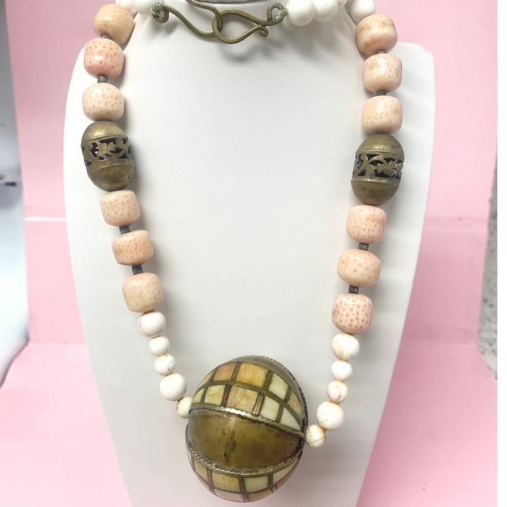 Antique Angel Skin Coral & Brass Pendant Necklace | 1925